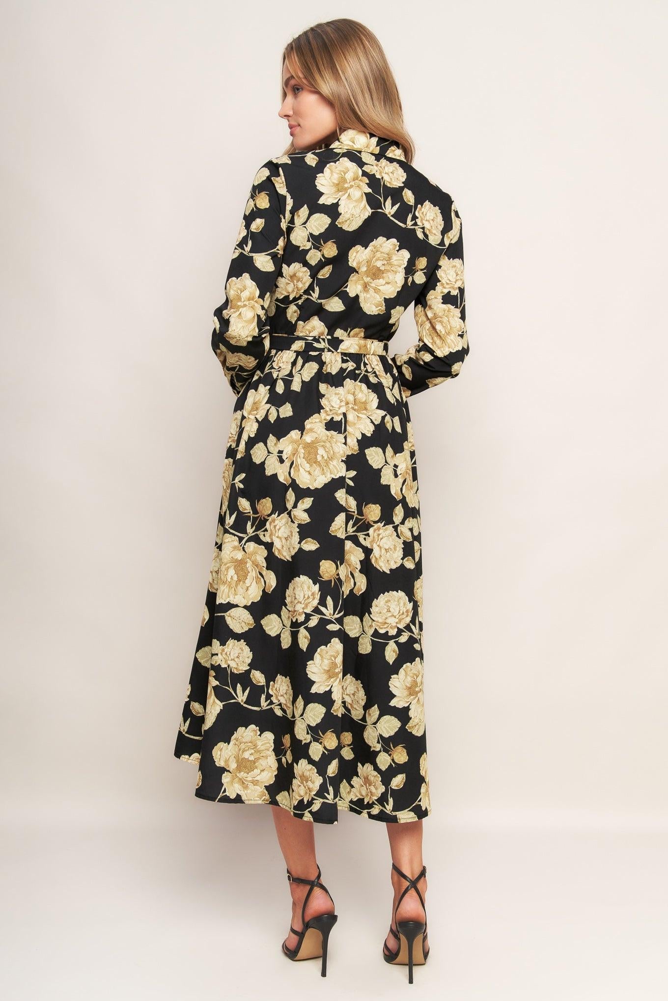 MIDNIGHT BLOOM BLACK WOVEN MIDI DRESS Flying Tomato