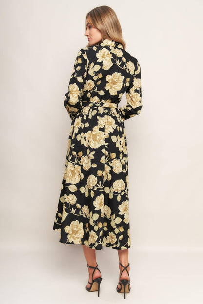 MIDNIGHT BLOOM BLACK WOVEN MIDI DRESS Flying Tomato