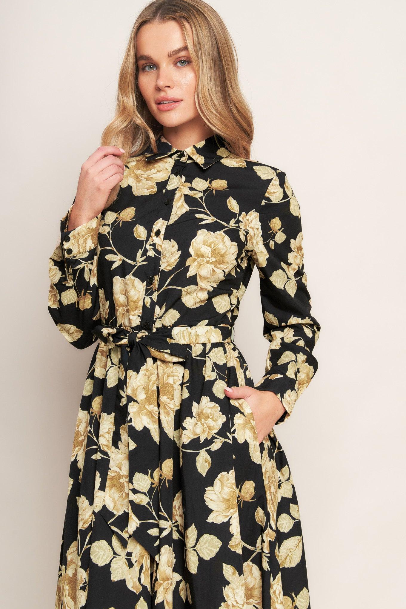 MIDNIGHT BLOOM BLACK WOVEN MIDI DRESS Flying Tomato
