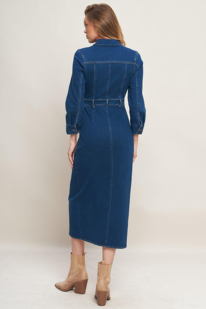 MIDNIGHT DARK INDIGO DENIM MIDI DRESS Flying Tomato
