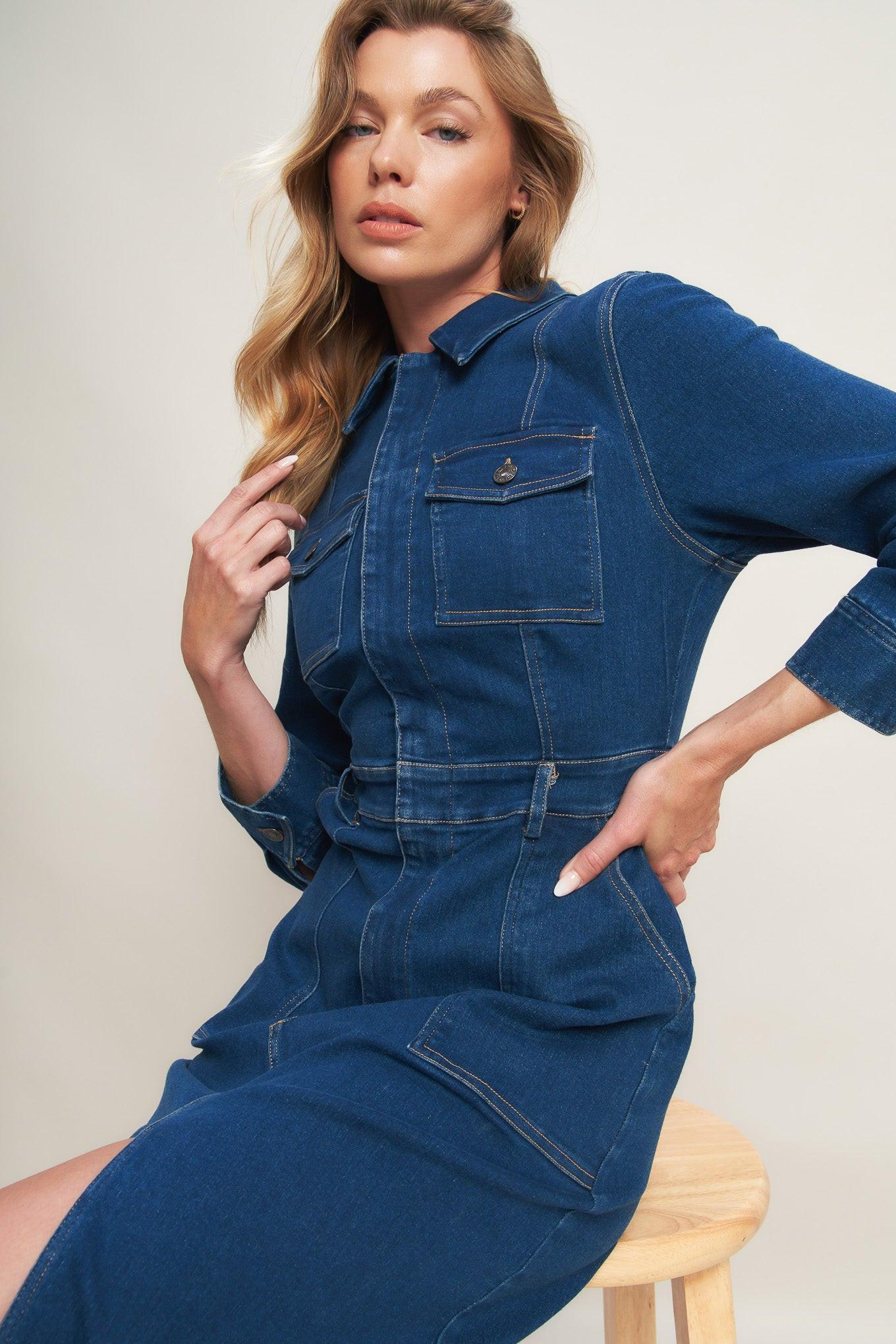 MIDNIGHT DARK INDIGO DENIM MIDI DRESS Flying Tomato