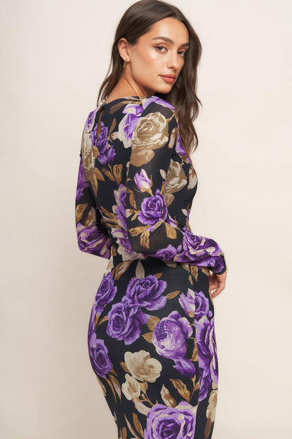 VIOLET EMBRACE POWER MESH MIDI DRESS Flying Tomato