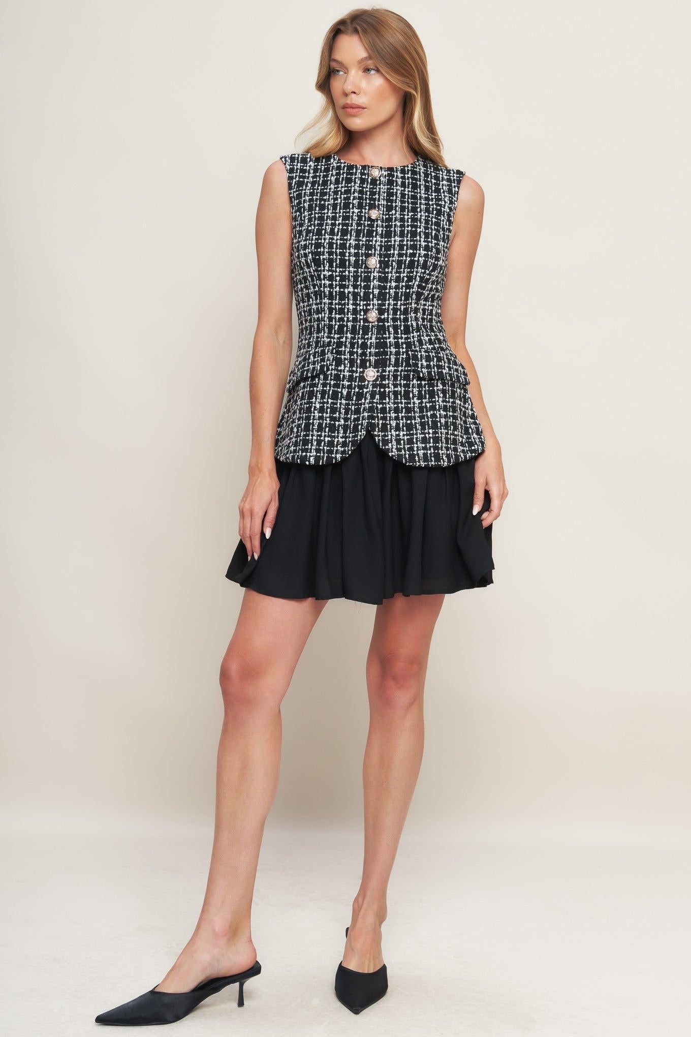 MODERN ICON TWEED WOVEN MINI DRESS Flying Tomato