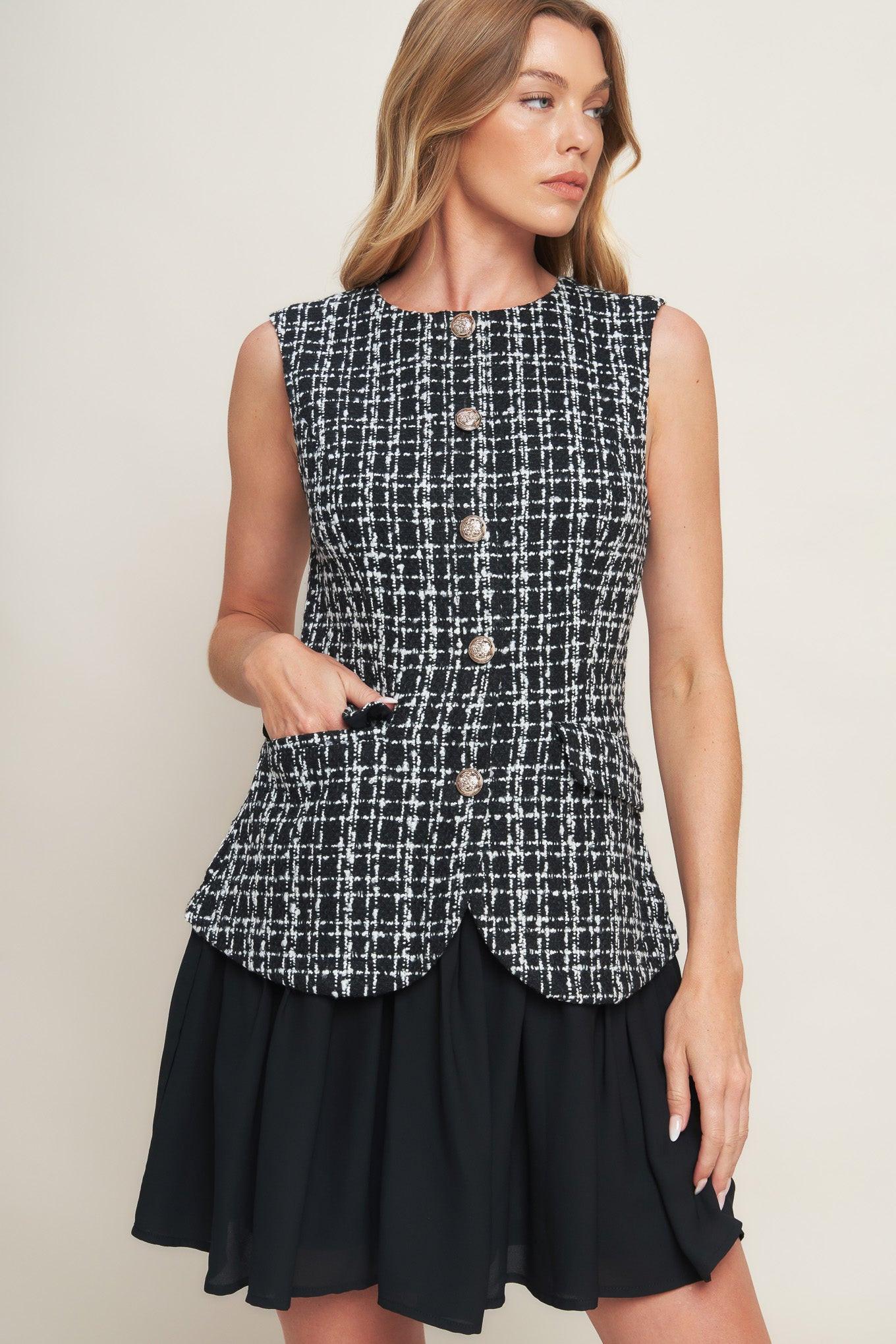 MODERN ICON TWEED WOVEN MINI DRESS Flying Tomato