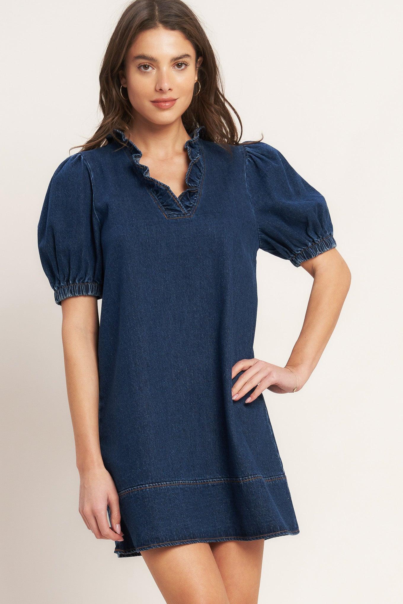 MODERN FOLK TOUCH DNIM MINI DRESS Flying Tomato