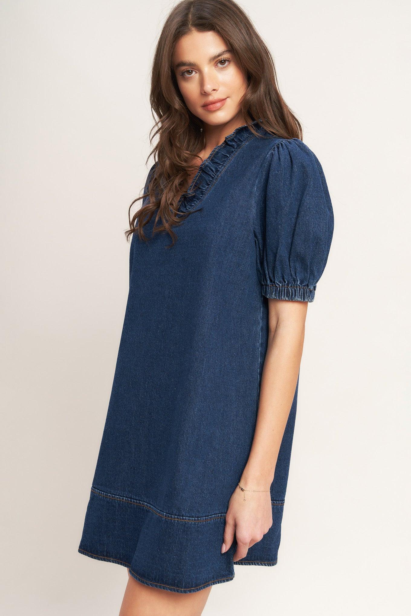 MODERN FOLK TOUCH DNIM MINI DRESS Flying Tomato