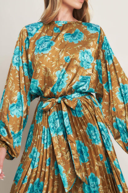 GOLDEN BLOOM LUXE WOVEN SATIN MAXI DRESS Flying Tomato