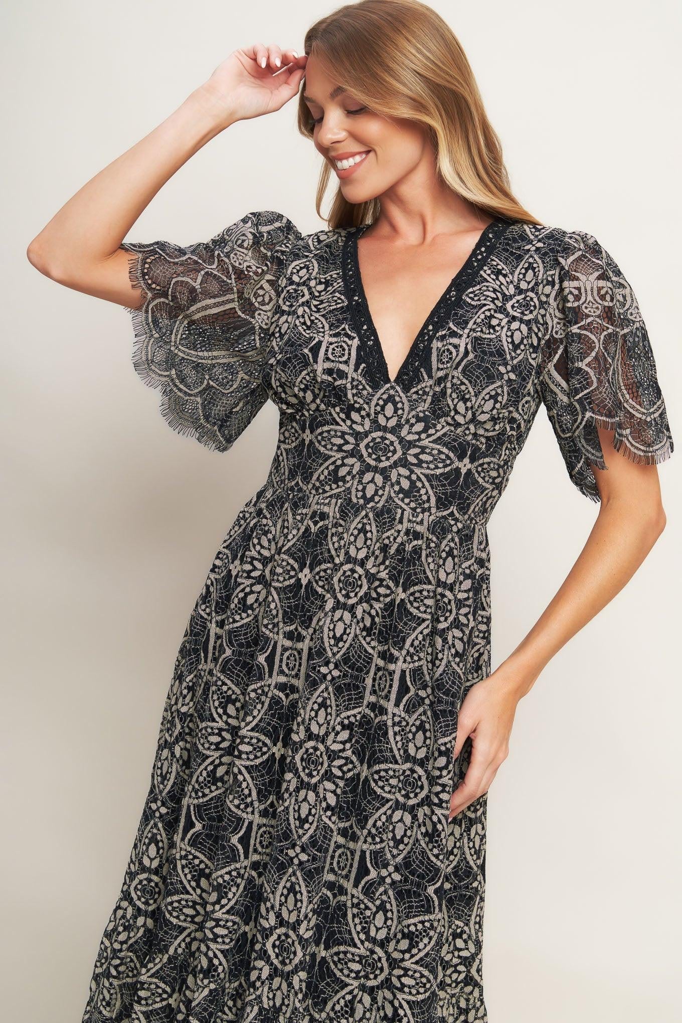 GOTHIC BLOOM WOVEN LACE MIDI DRESS Flying Tomato