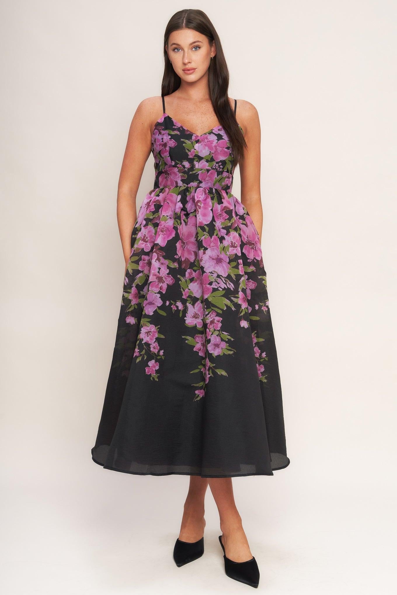 NIGHTFALL BLOSSOM WOVEN MIDI DRESS Flying Tomato