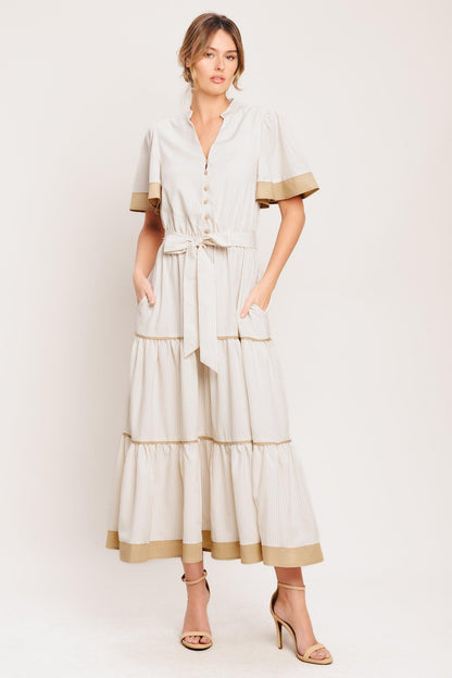 PARIS MORNING TAUPE WOVEN MIDI DRESS Flying Tomato