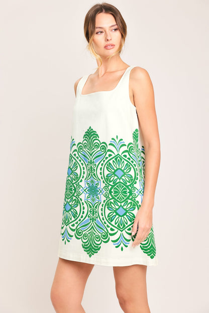 GREEN MOTIF WOVEN MINI DRESS Flying Tomato