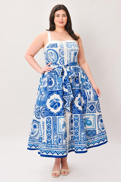 BLUE MAJOLICA CHARM WOVEN MIDI DRESS Flying Tomato