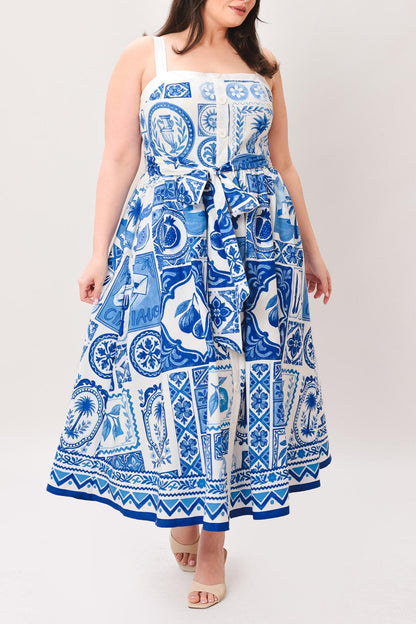 BLUE MAJOLICA CHARM WOVEN MIDI DRESS Flying Tomato