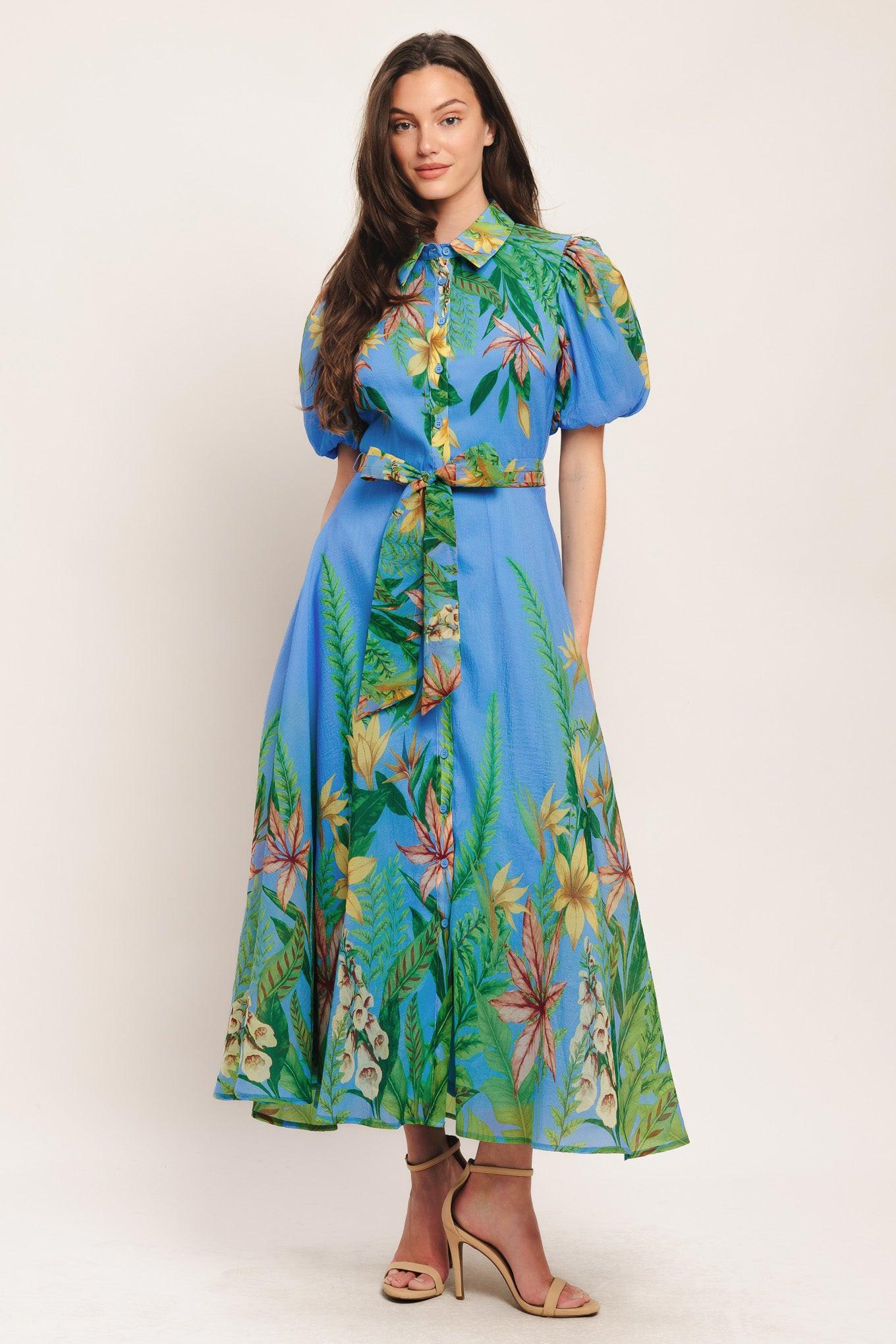 PALM SERENADE BLUE WOVEN MIDI DRESS Flying Tomato