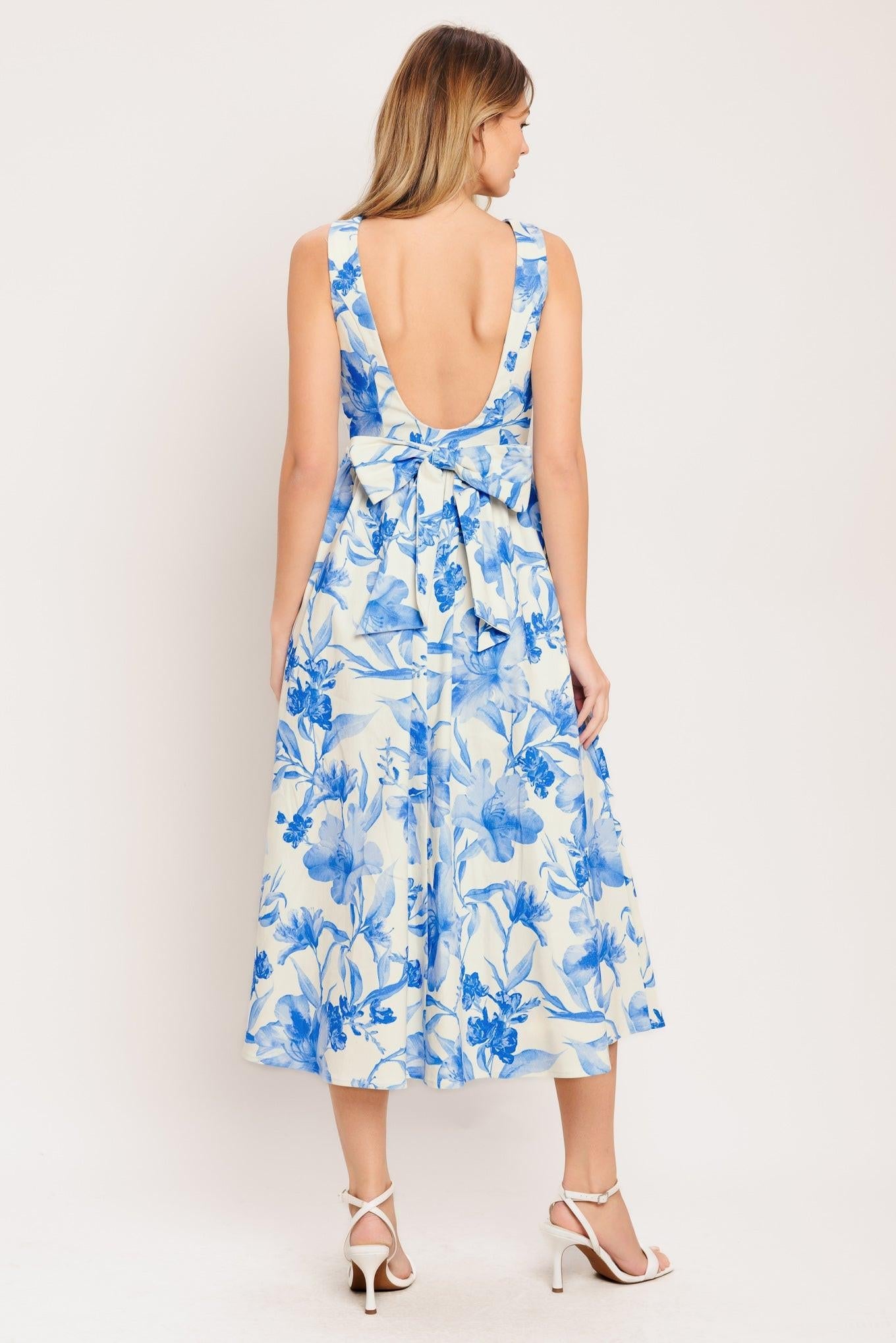PORCELAIN FLORAL WOVEN MIDI DRESS Flying Tomato