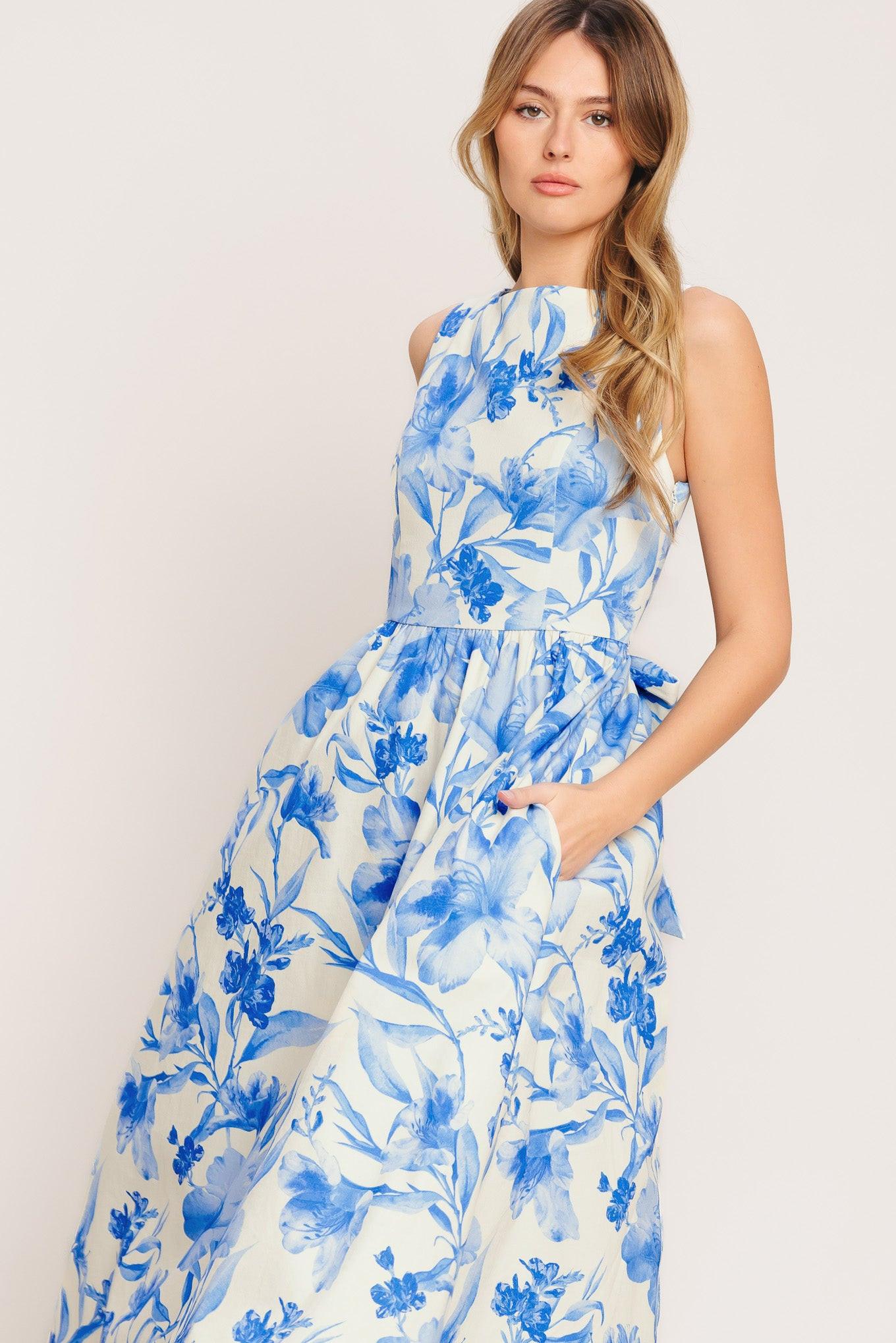 PORCELAIN FLORAL WOVEN MIDI DRESS Flying Tomato
