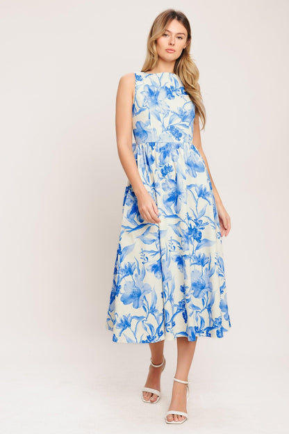 PORCELAIN FLORAL WOVEN MIDI DRESS Flying Tomato