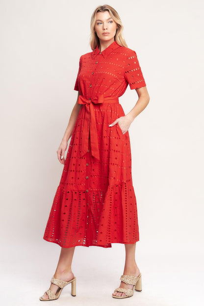 POWER SCARLET WOVEN EYELET MIDI DRESS Flying Tomato