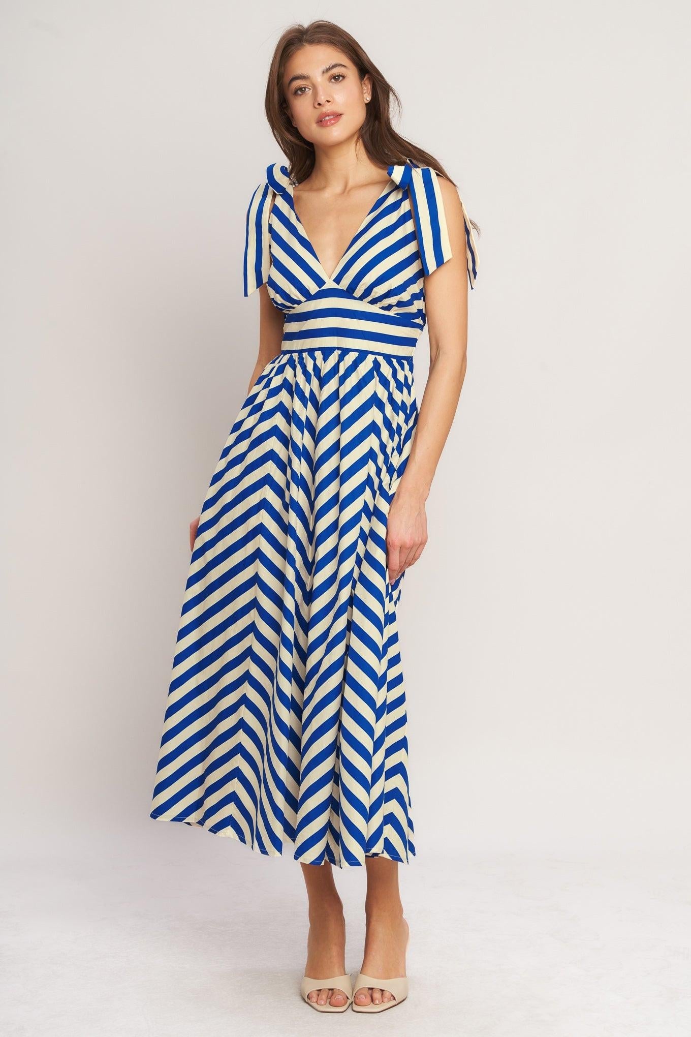 BLUE VOYAGE STRIPE WOVEN MIDI DRESS Flying Tomato