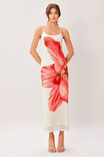 BLOOM STATEMENT POWER MESH CAMI MIDI DRESS Flying Tomato