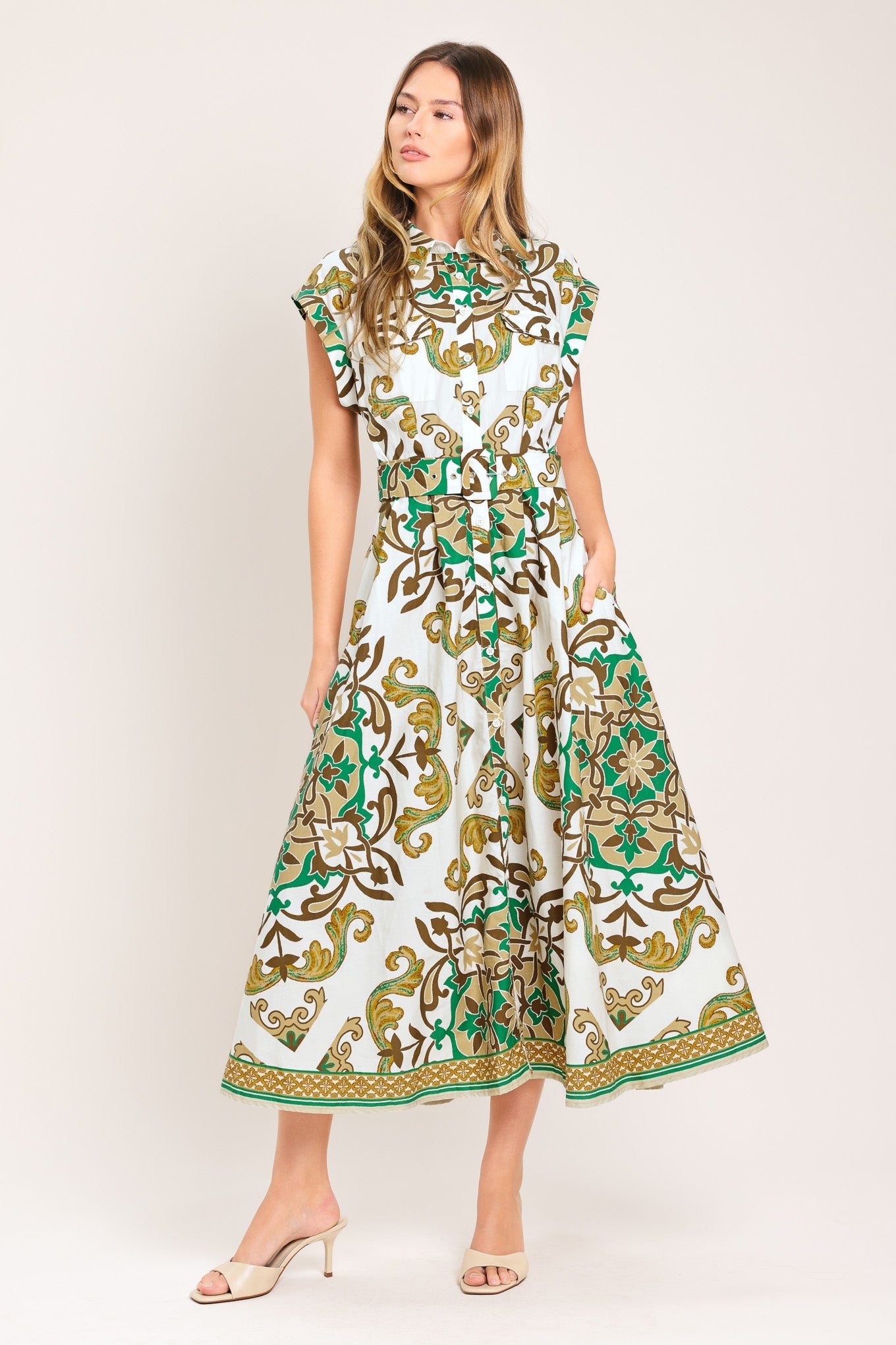 EMERALD ORNATE WOVEN MIDI SHIRT DRESS Flying Tomato