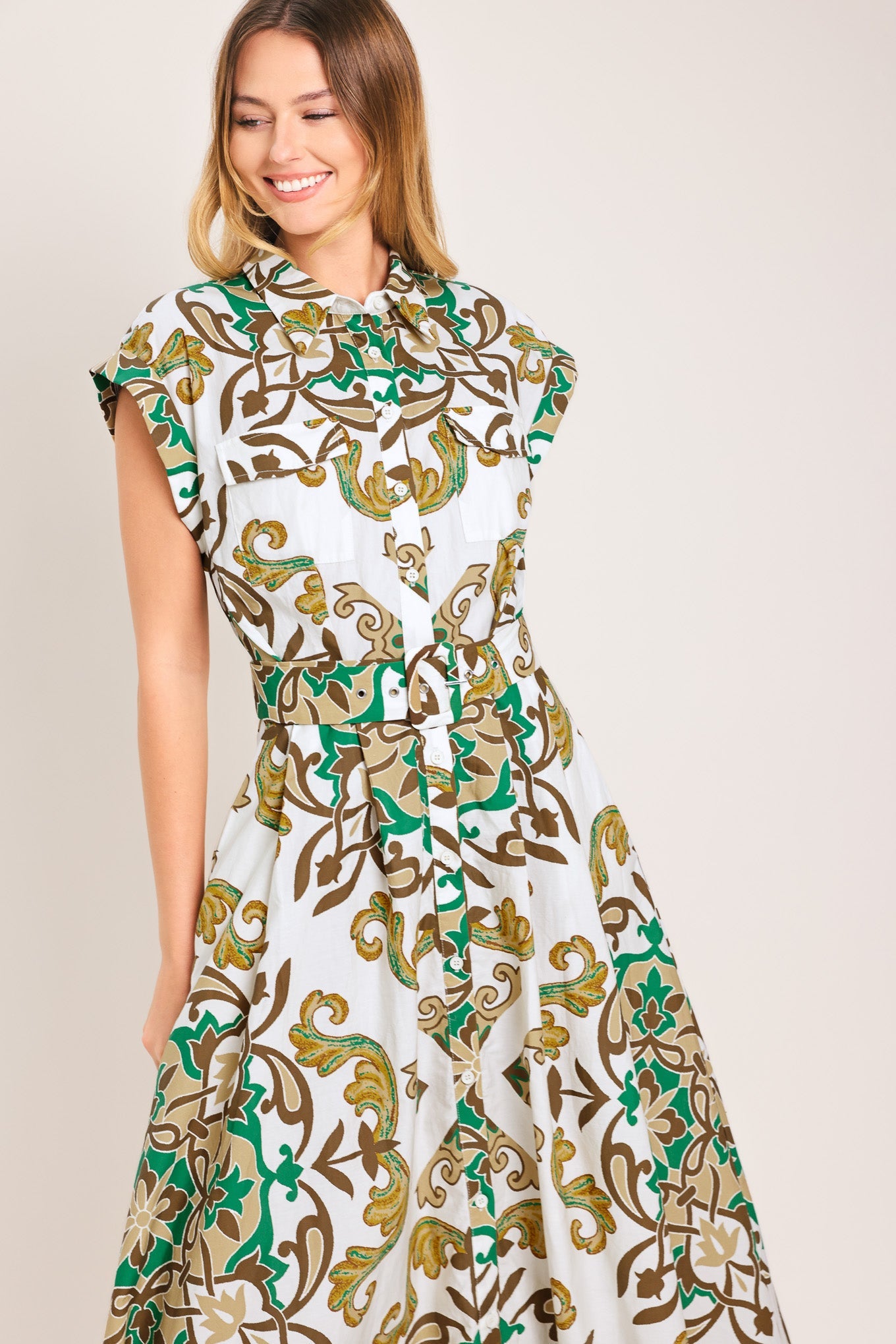 EMERALD ORNATE WOVEN MIDI SHIRT DRESS Flying Tomato