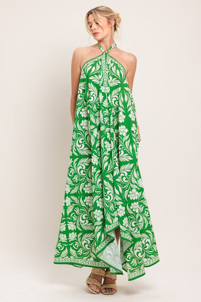 EMERALD BLOOM WOVEN MIDI SCARF DRESS Flying Tomato