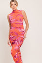 PARADISE GLOW POWER MESH MIDI DRESS Flying Tomato