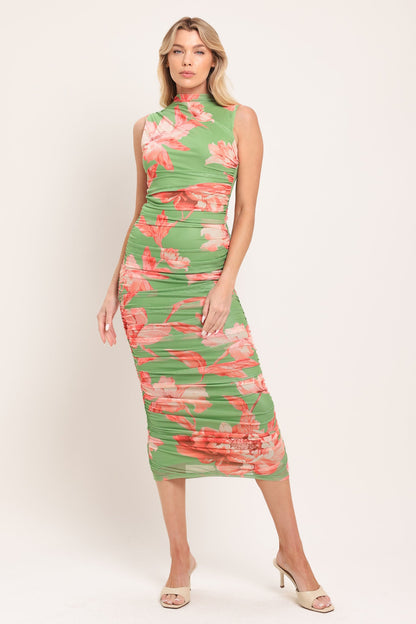 PARADISE GLOW POWER MESH MIDI DRESS Flying Tomato