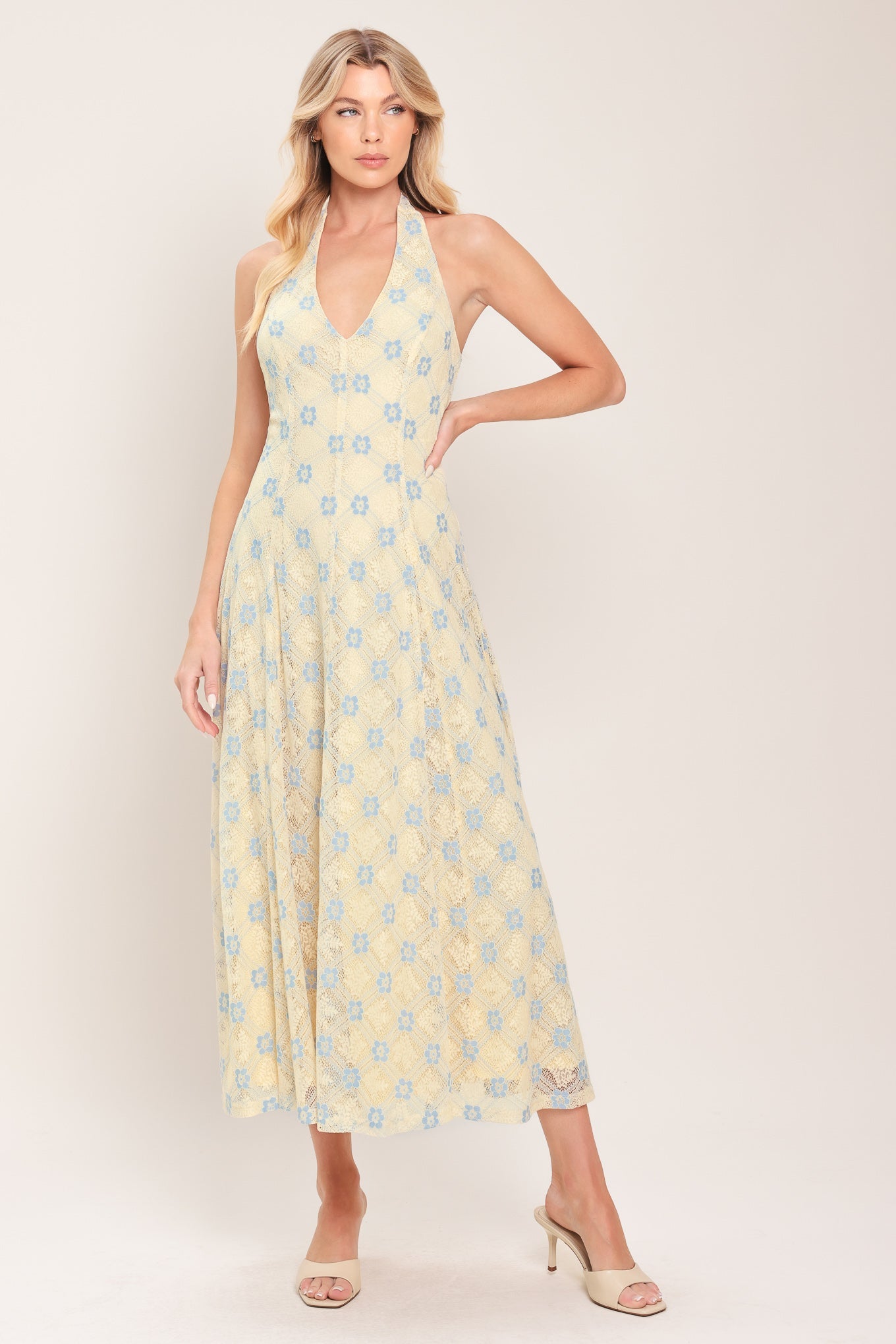 DELICATE BLOOM HALTER WOVEN LACE MIDI DRESS Flying Tomato