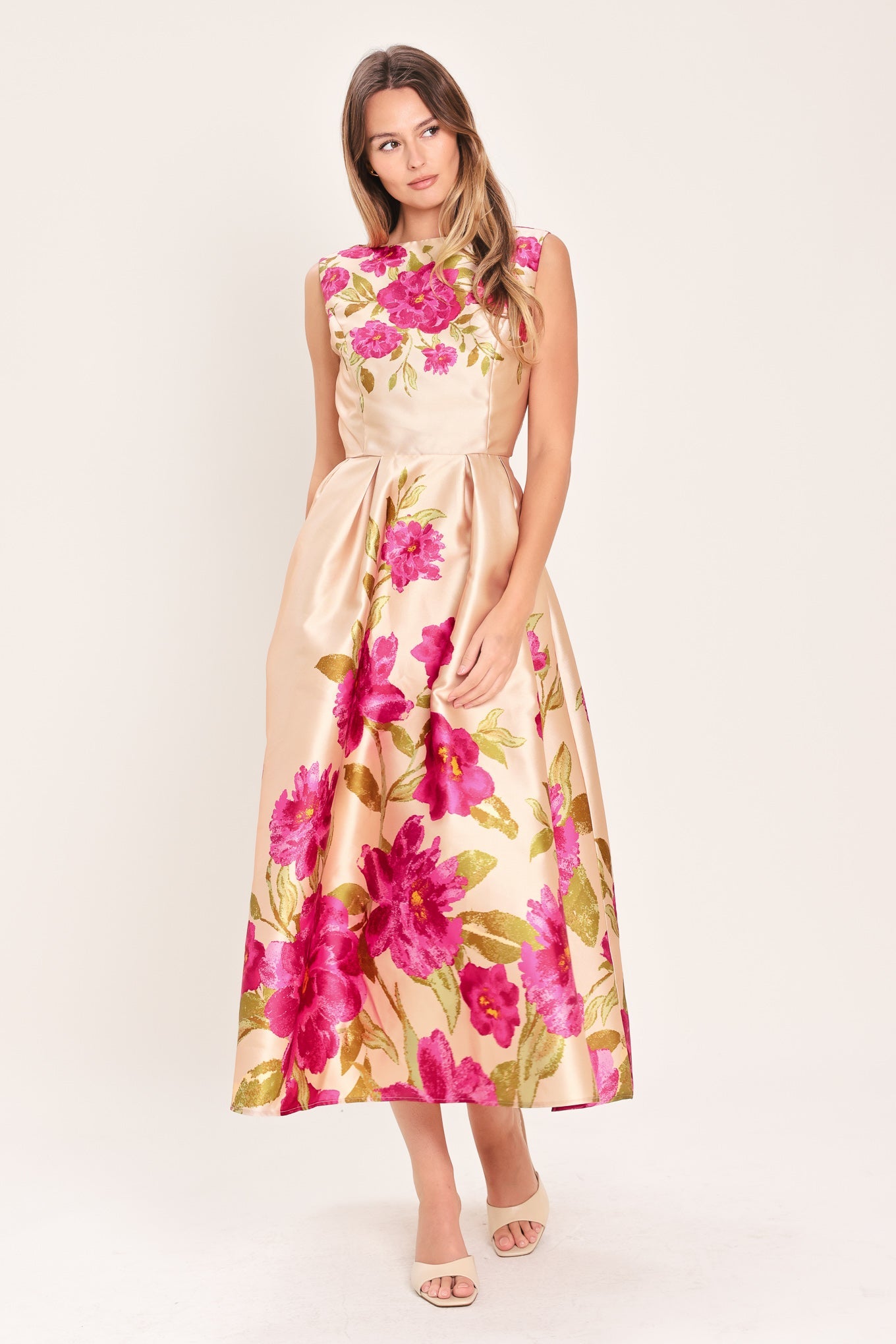 SOFT SATIN FLORAL WOVEN MIDI DRESS Flying Tomato