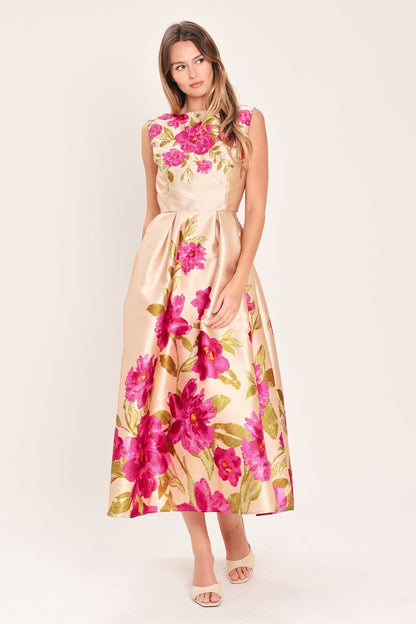 SOFT SATIN FLORAL WOVEN MIDI DRESS Flying Tomato