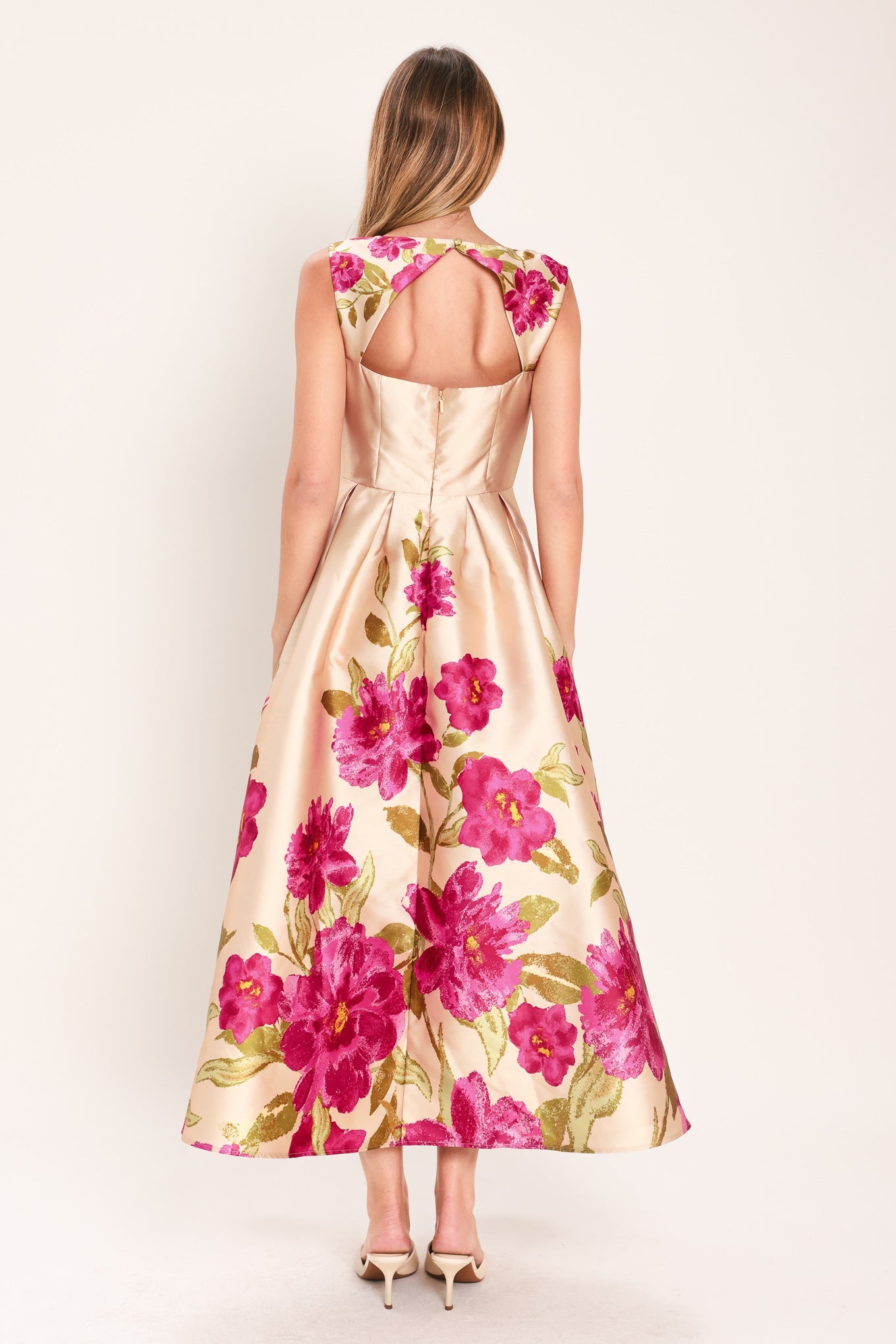 SOFT SATIN FLORAL WOVEN MIDI DRESS Flying Tomato