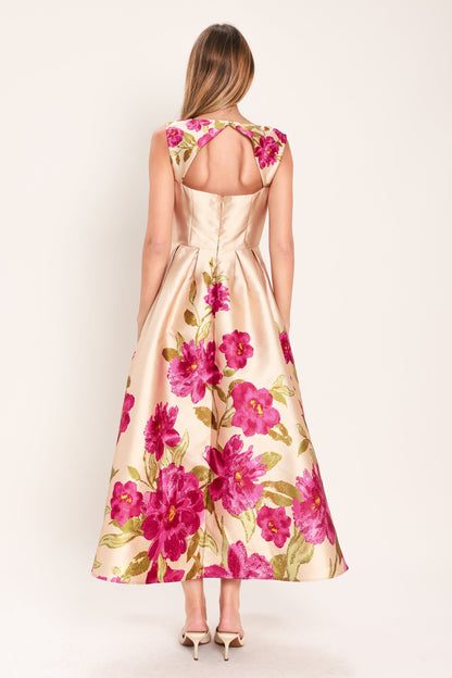 SOFT SATIN FLORAL WOVEN MIDI DRESS Flying Tomato