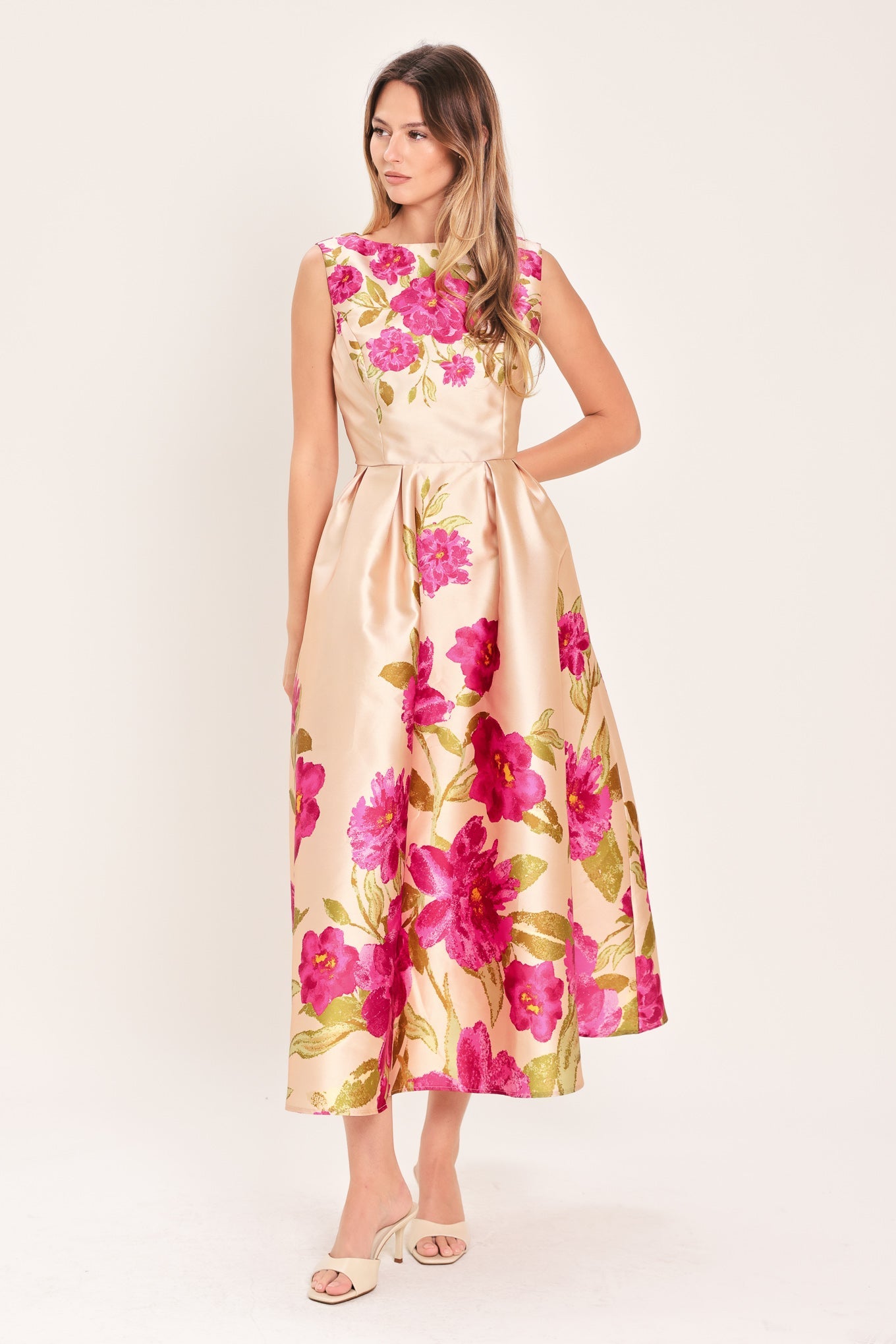 SOFT SATIN FLORAL WOVEN MIDI DRESS Flying Tomato