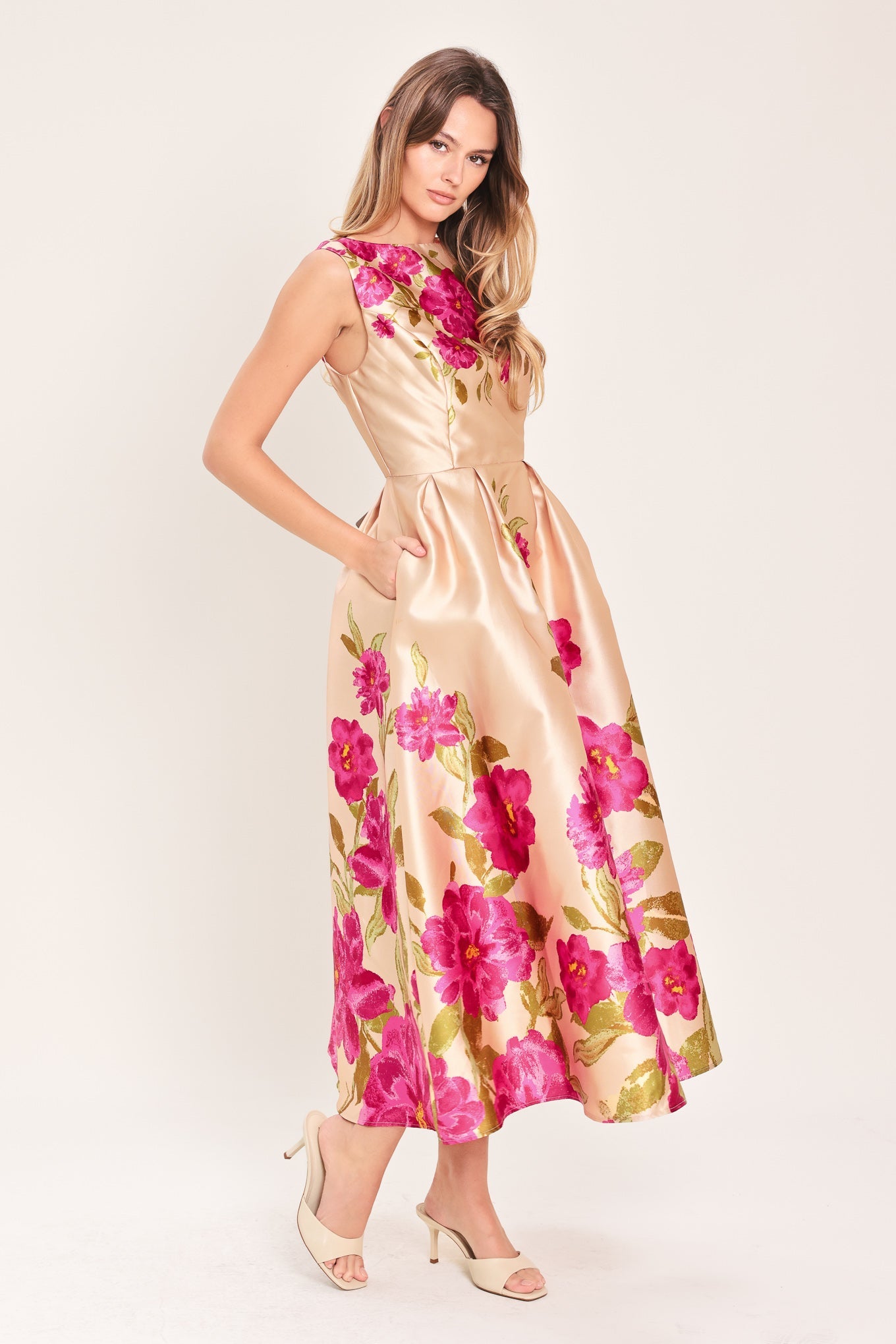 SOFT SATIN FLORAL WOVEN MIDI DRESS Flying Tomato