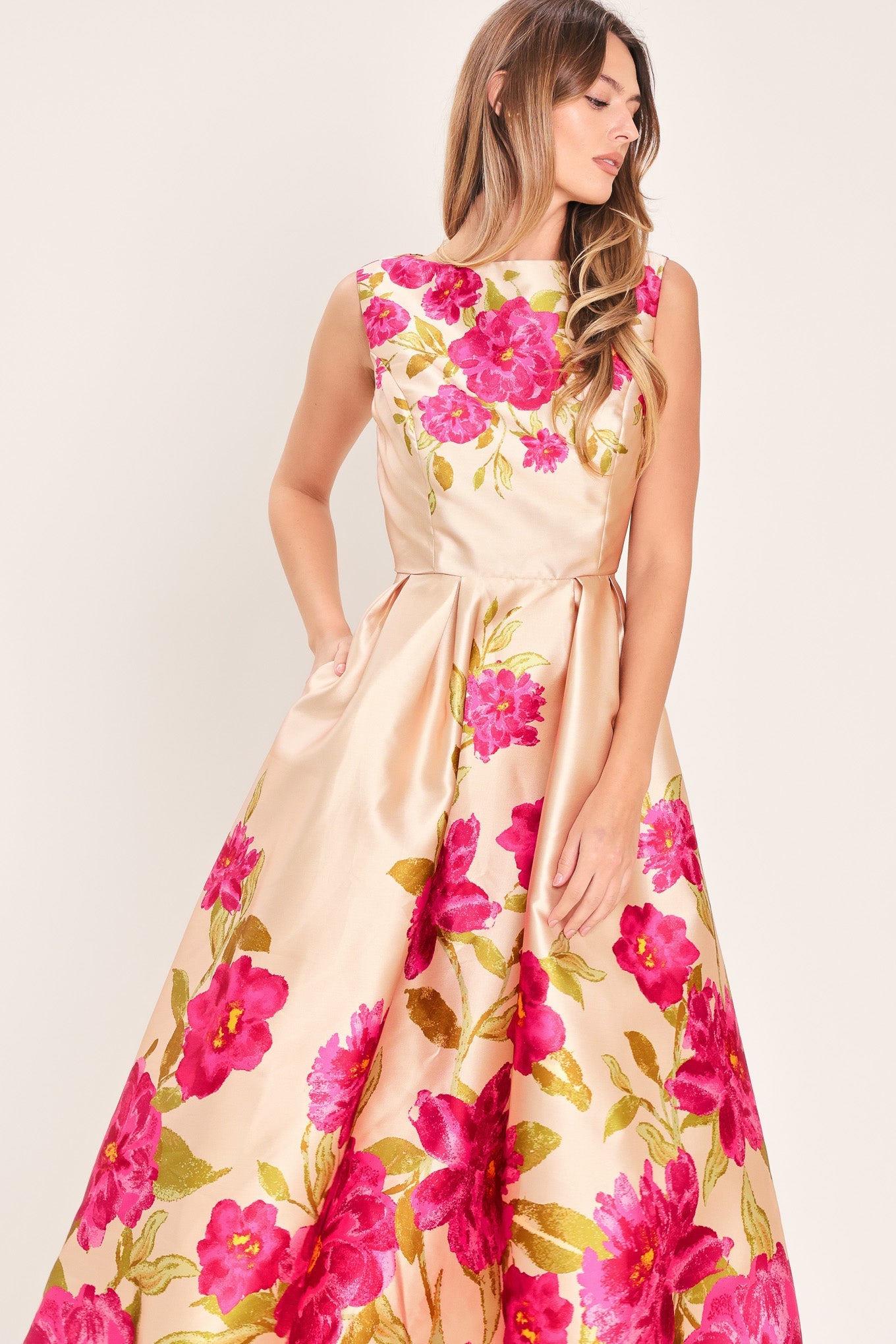 SOFT SATIN FLORAL WOVEN MIDI DRESS Flying Tomato