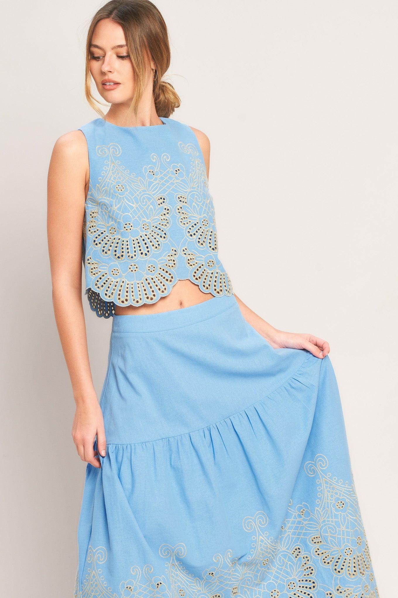SKY BLOOM WOVEN EYELET MIDI SKIRT Flying Tomato