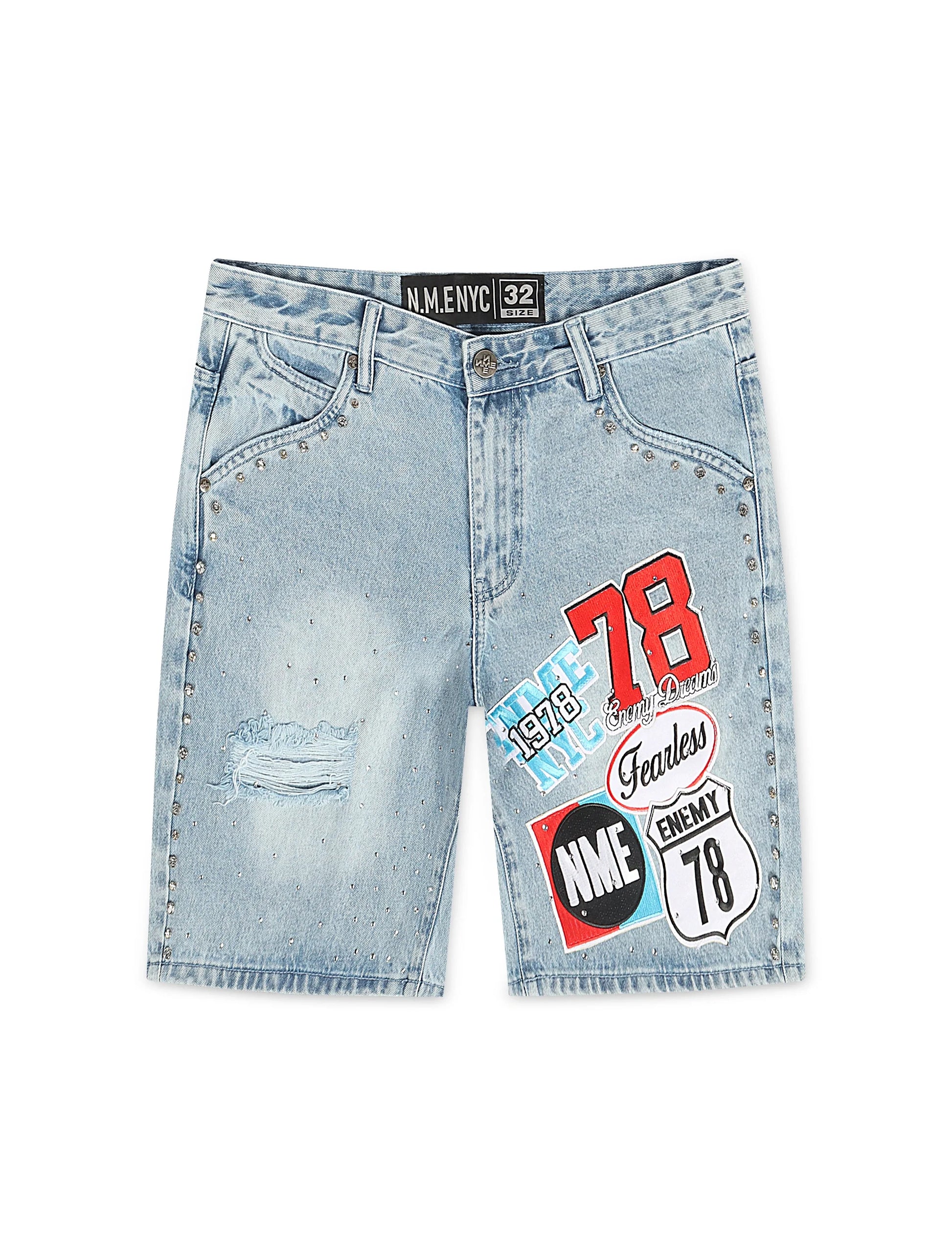 N.M.E NYC Highway 78 Stud Denim Shorts - Blue Wash Denim Exchange