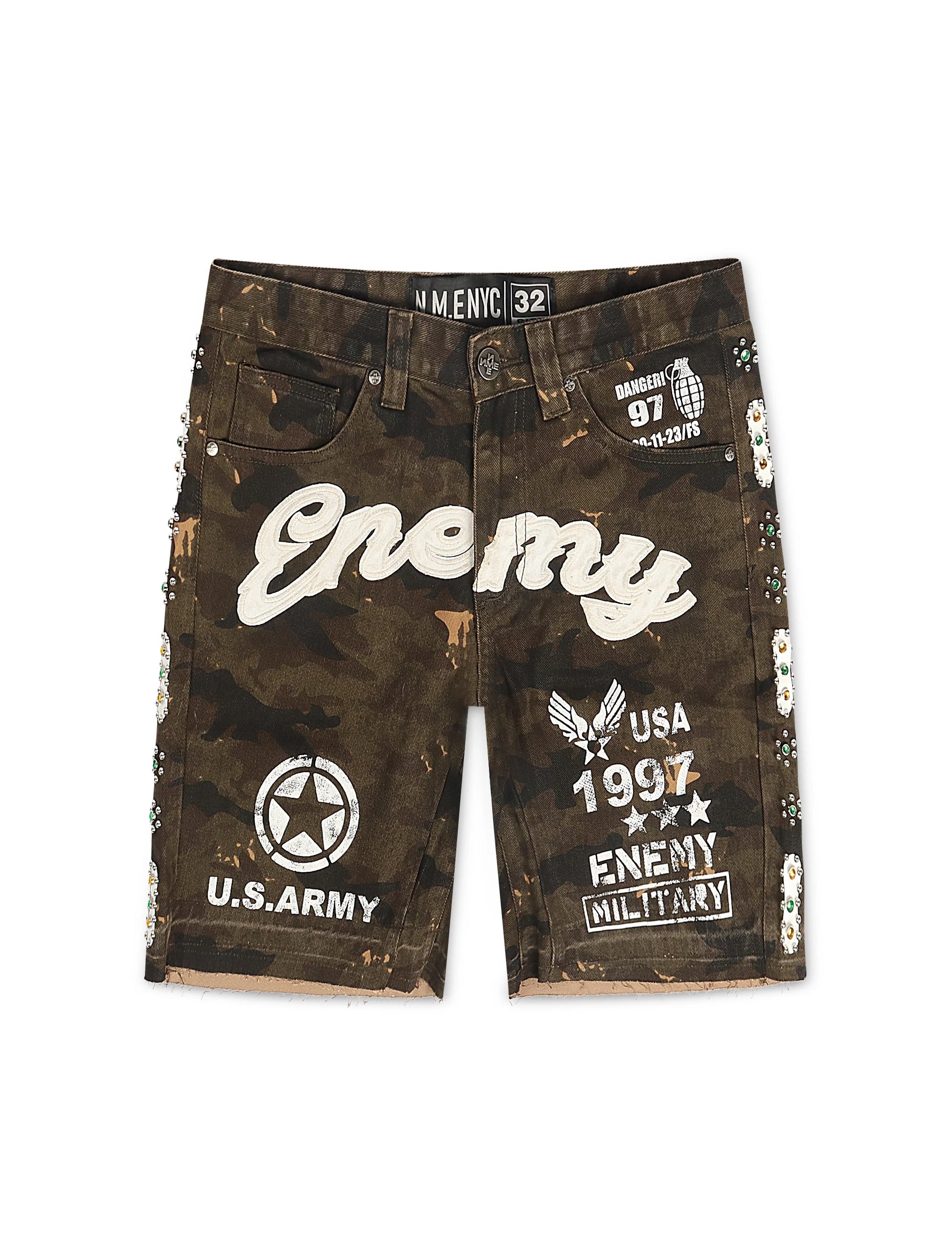 N.M.E NYC Enemy Army '97 Denim Shorts - Camo Wash Denim Exchange