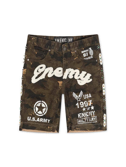 N.M.E NYC Enemy Army '97 Denim Shorts - Camo Wash Denim Exchange