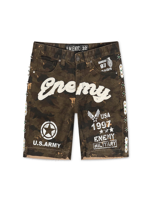 N.M.E NYC Enemy Army '97 Denim Shorts - Camo Wash Denim Exchange