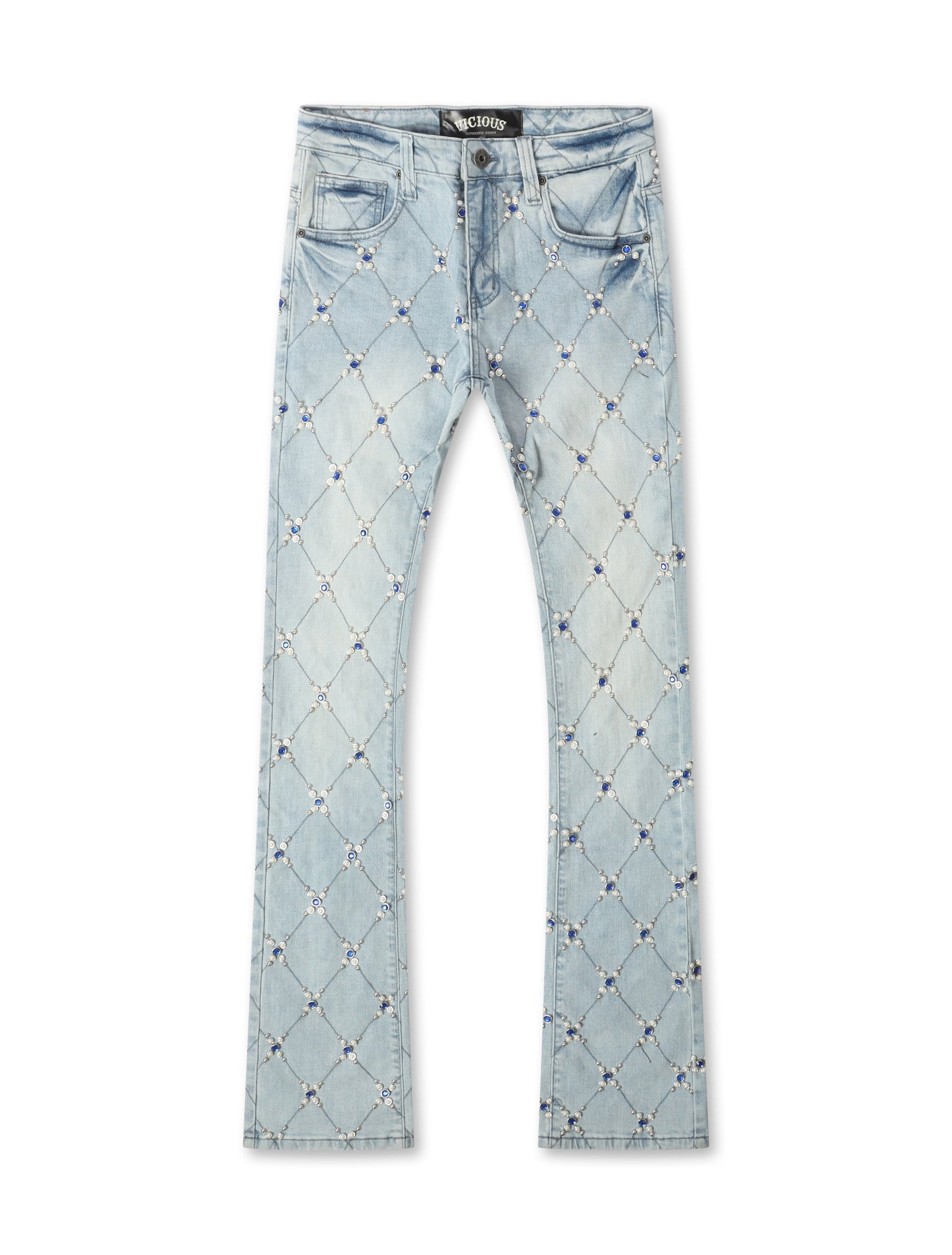 Vicious Denim Diamond Rhinestone Stacked Jeans - Light Blue Denim Exchange