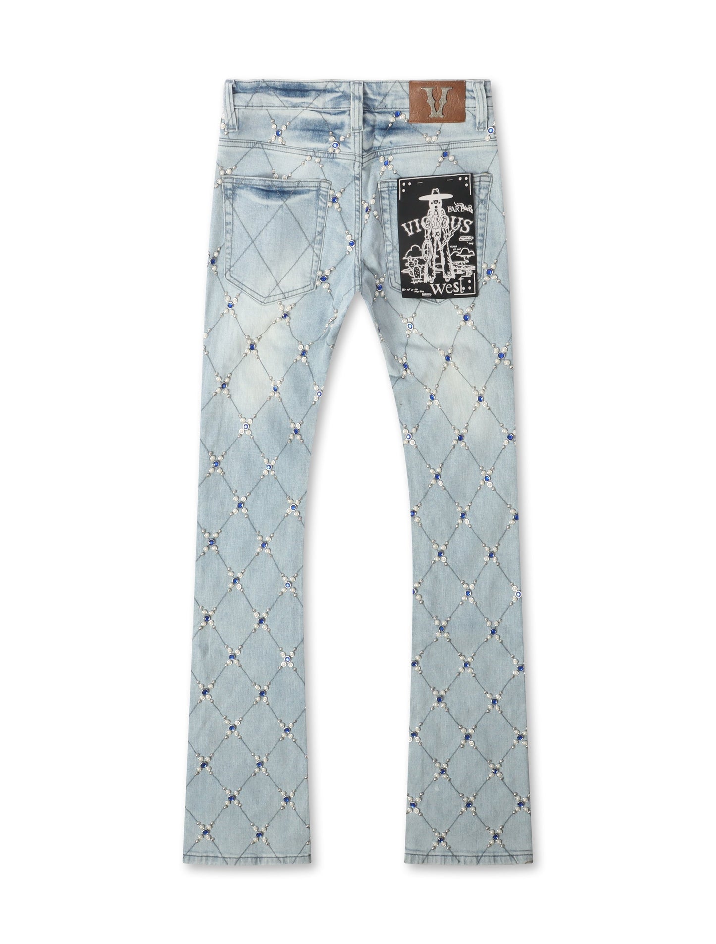 Vicious Denim Diamond Rhinestone Stacked Jeans - Light Blue Denim Exchange