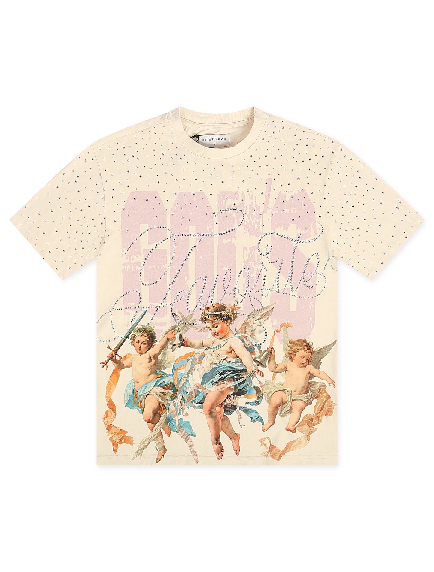 First Row Cropped Washed Rhinestone Tee - Cream Denim Exchange