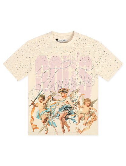 First Row Cropped Washed Rhinestone Tee - Cream Denim Exchange