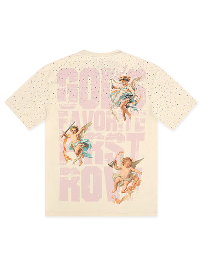 First Row Cropped Washed Rhinestone Tee - Cream Denim Exchange
