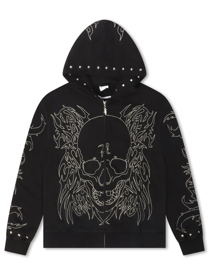 Revenge Tribal Skull Studded Zip-Up - Black/Silver Denim Exchange