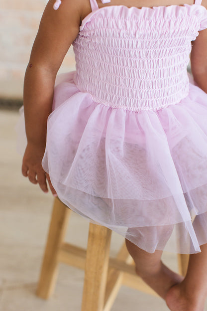 Petal - Smocked Tulle Bodysuit Dress Blush Lotus