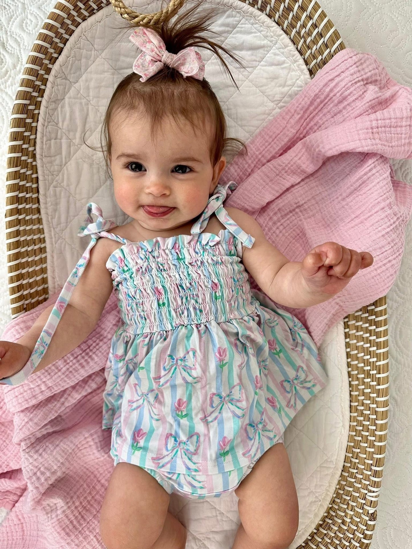 Lila - Smocked Diaper Dress Set Blush Lotus